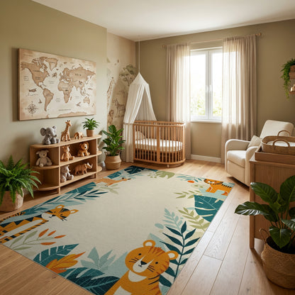 Playful Orange Tigers Deer Leafy Jungle Rug