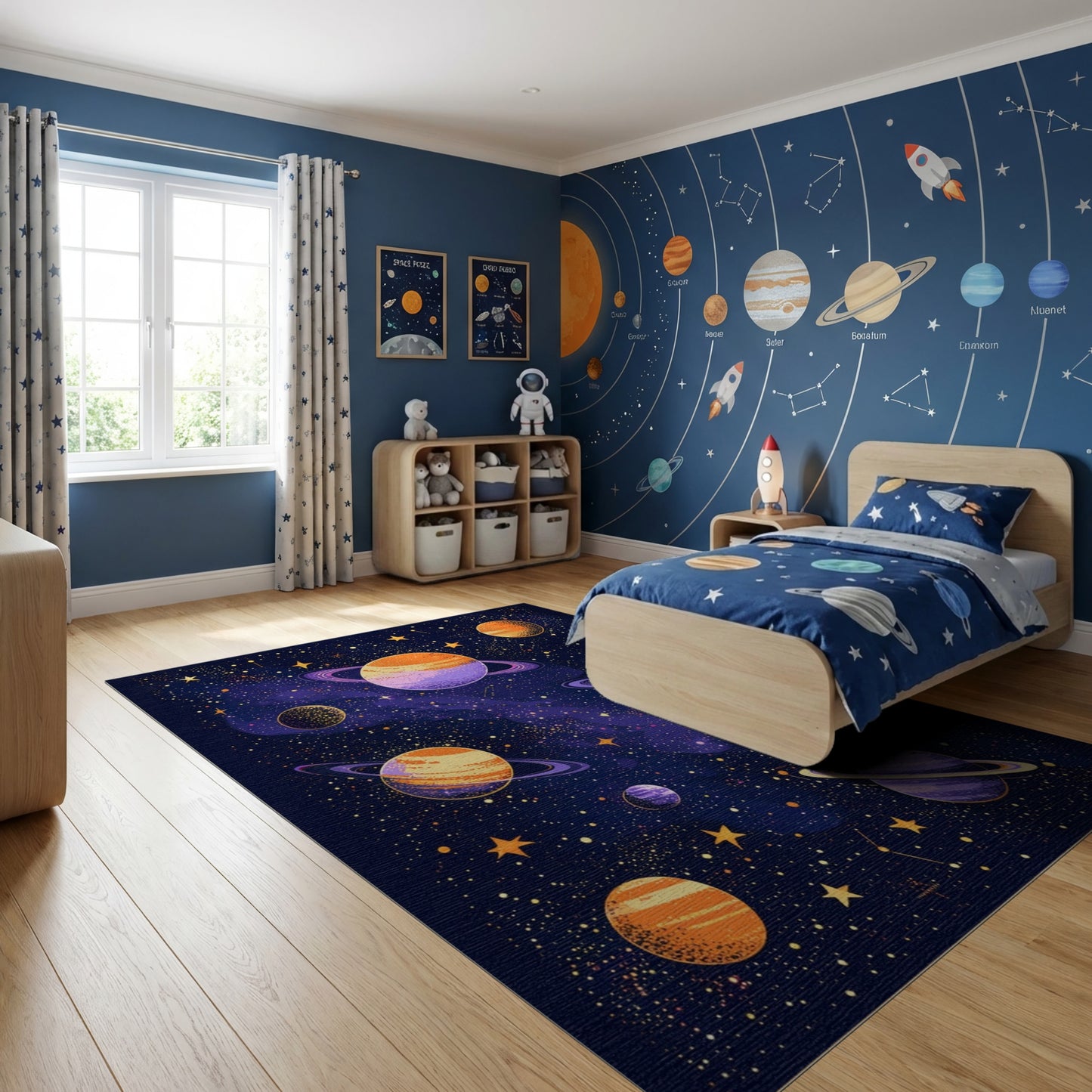 Vibrant Cosmic Ringed Planets Stars Rug