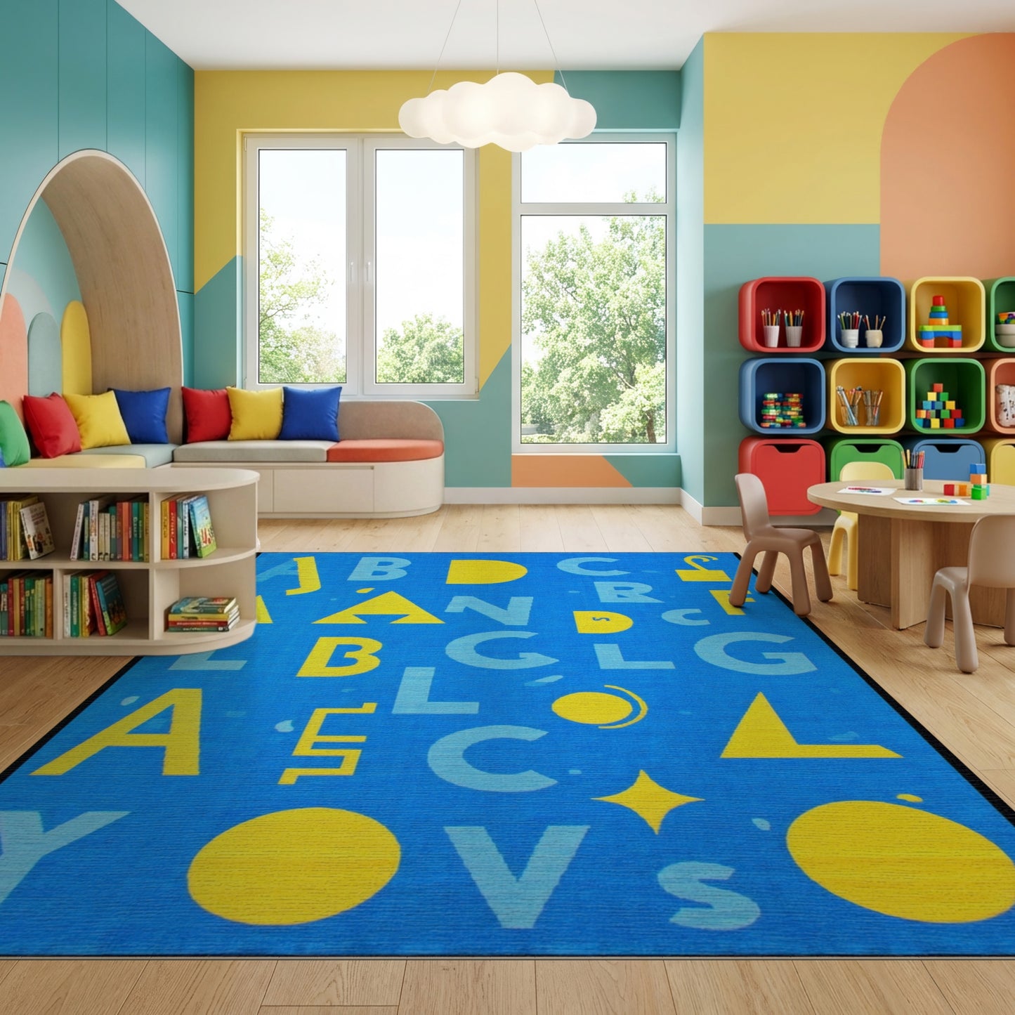 Playful Bold Yellow Alphabet Blue Rug
