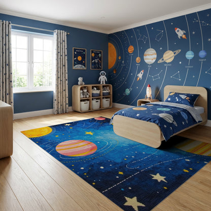 Whimsical Cosmic Striped Planets Stars Rug