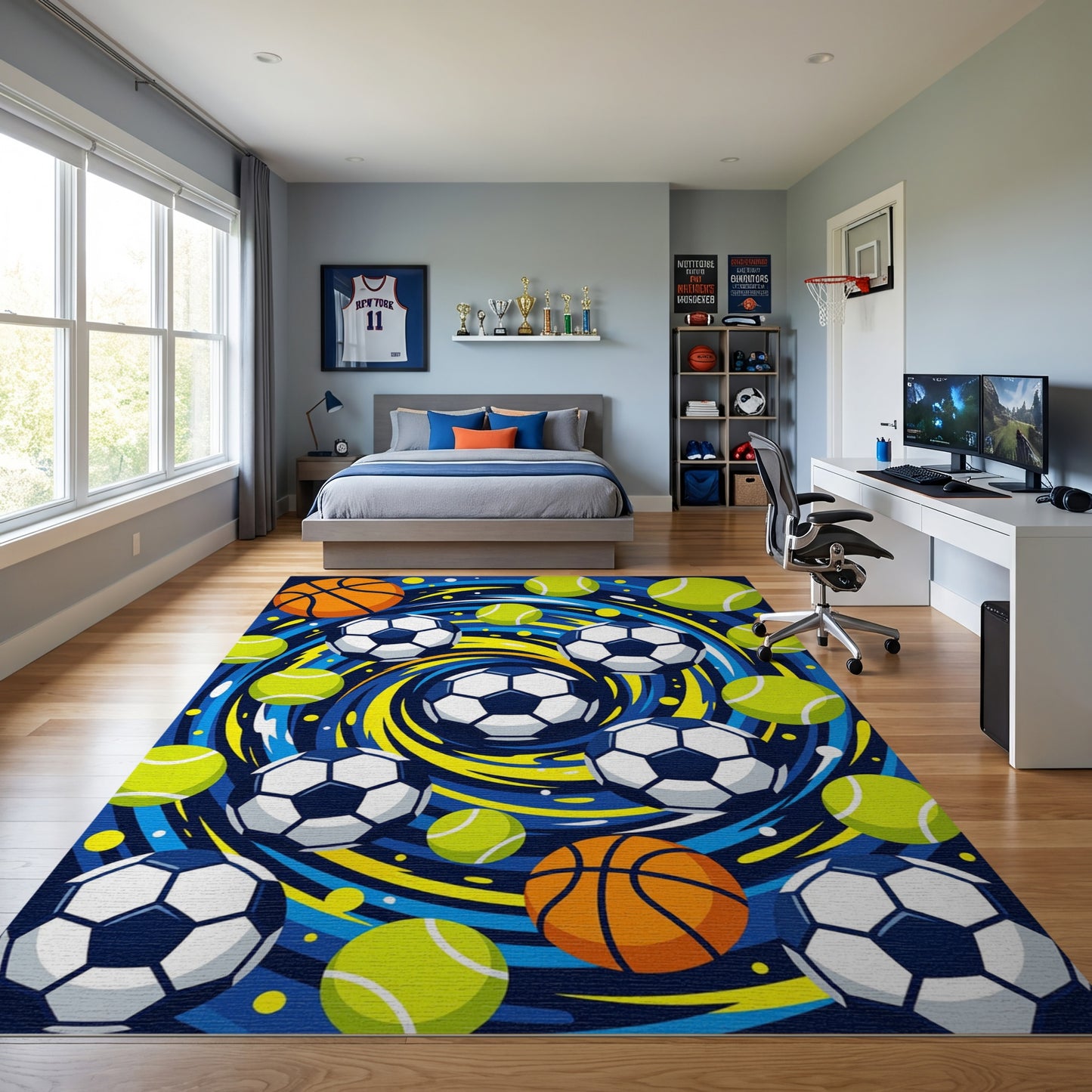 Vibrant Swirling Basketball Soccer Tennis Rug