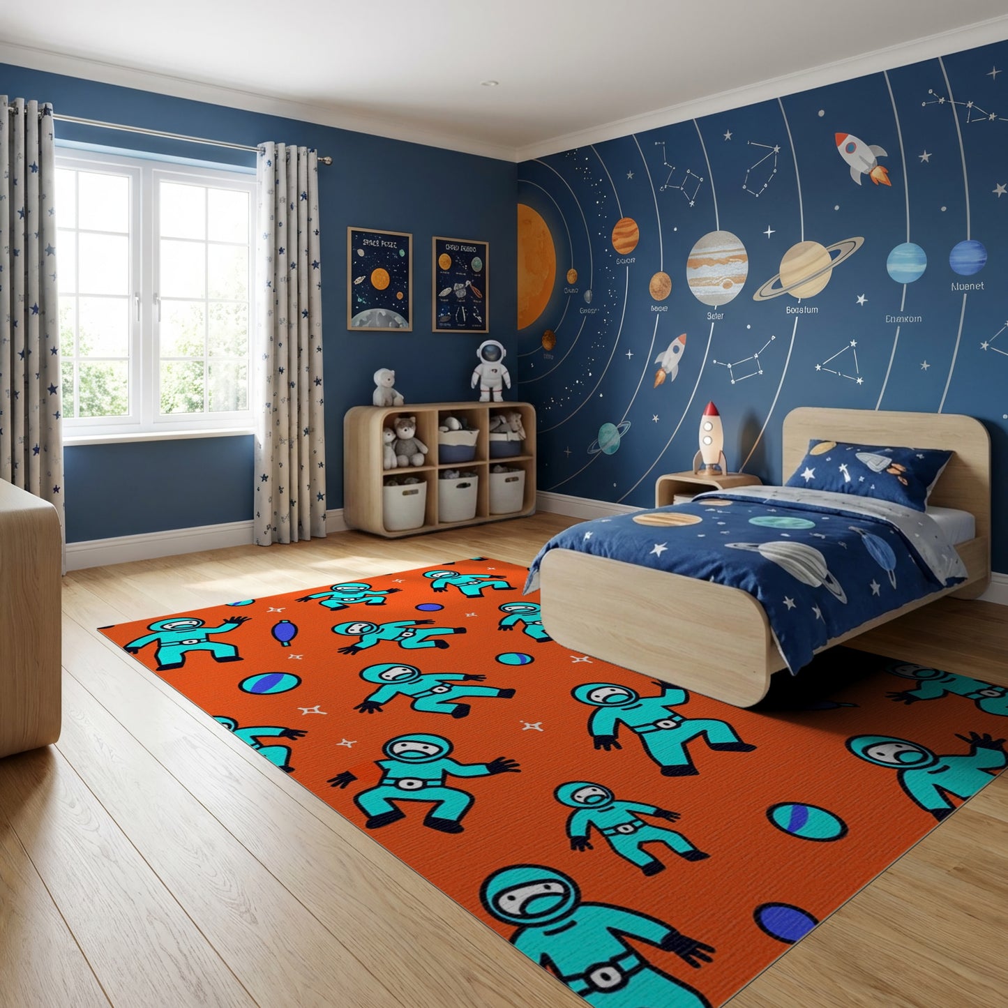 Playful Cyan Astronauts Orange Stars Rug