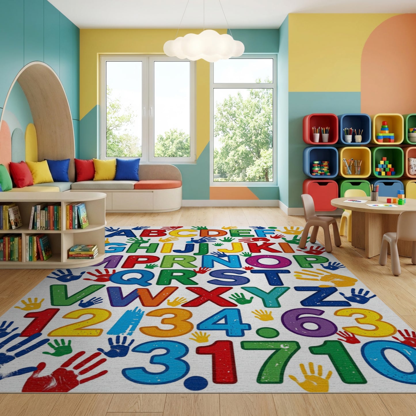 Colorful Alphabet Numbers Handprints Rug