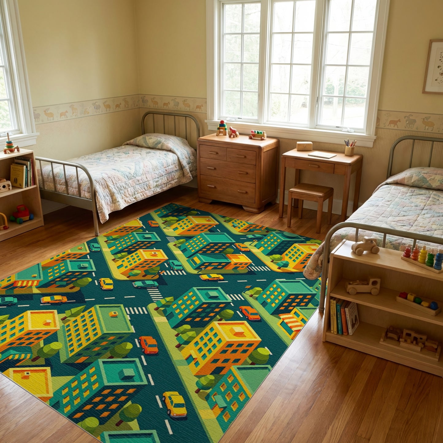 Vibrant Isometric Teal Yellow Cityscape Rug