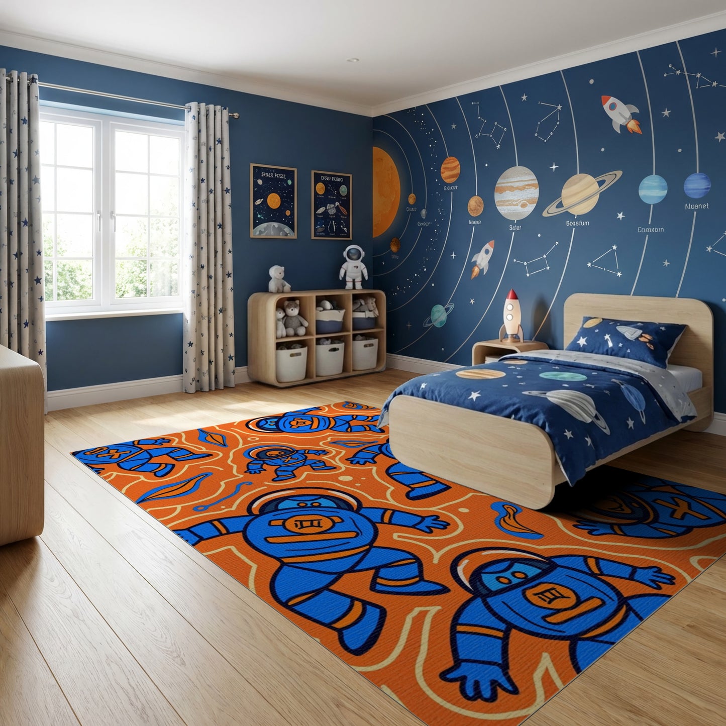 Playful Blue Astronauts Vibrant Orange Rug