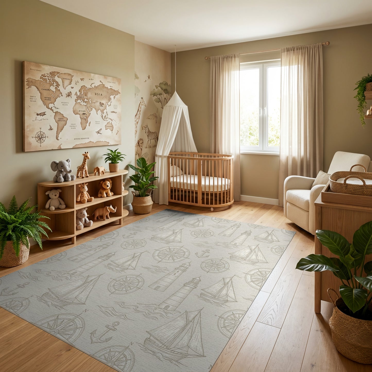 Vintage Nautical Lighthouses Sailboats Compasses Rug