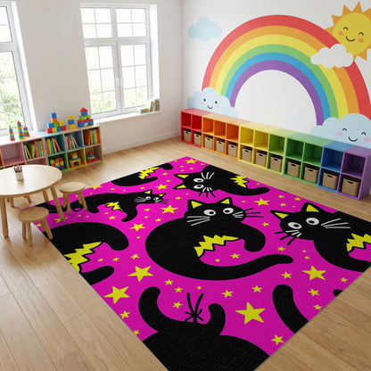 Whimsical Black Cats Stars Lightning Pink Rug