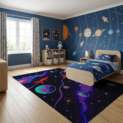 Retro Red Rockets Cosmic Nebulae Rug