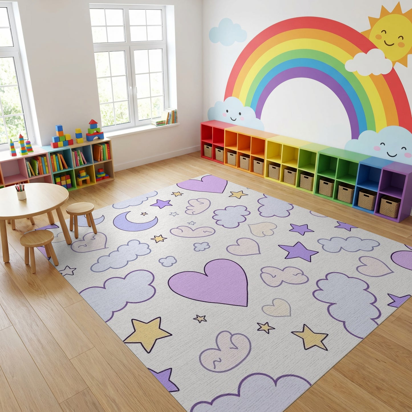 Whimsical Pastel Stars Moons Clouds Hearts Rug