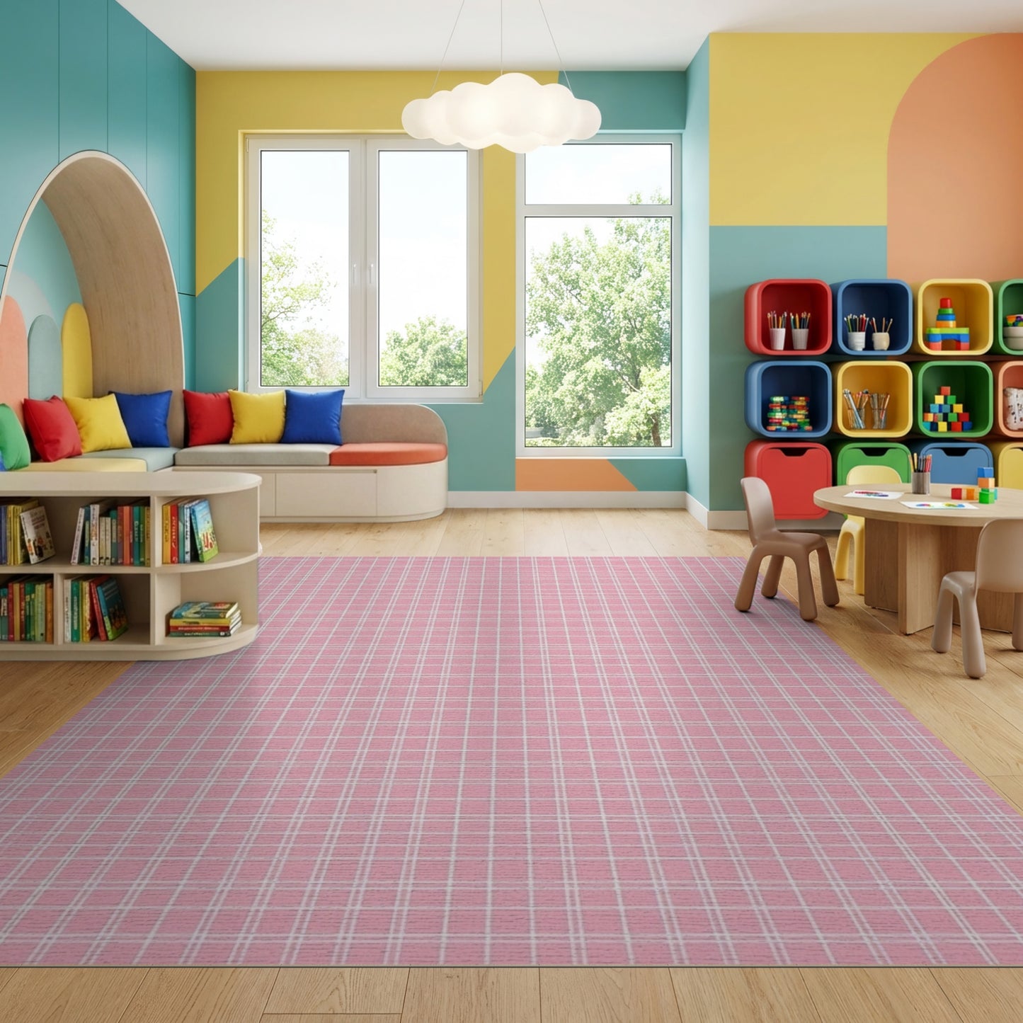 Geometric Pink White Grid Rug