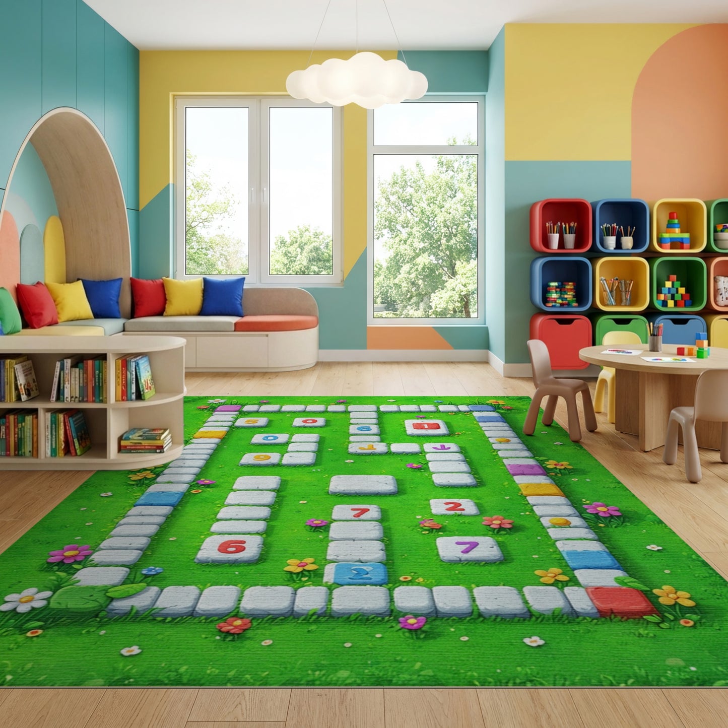 Playful Colorful Floral Numbered Tiles Rug