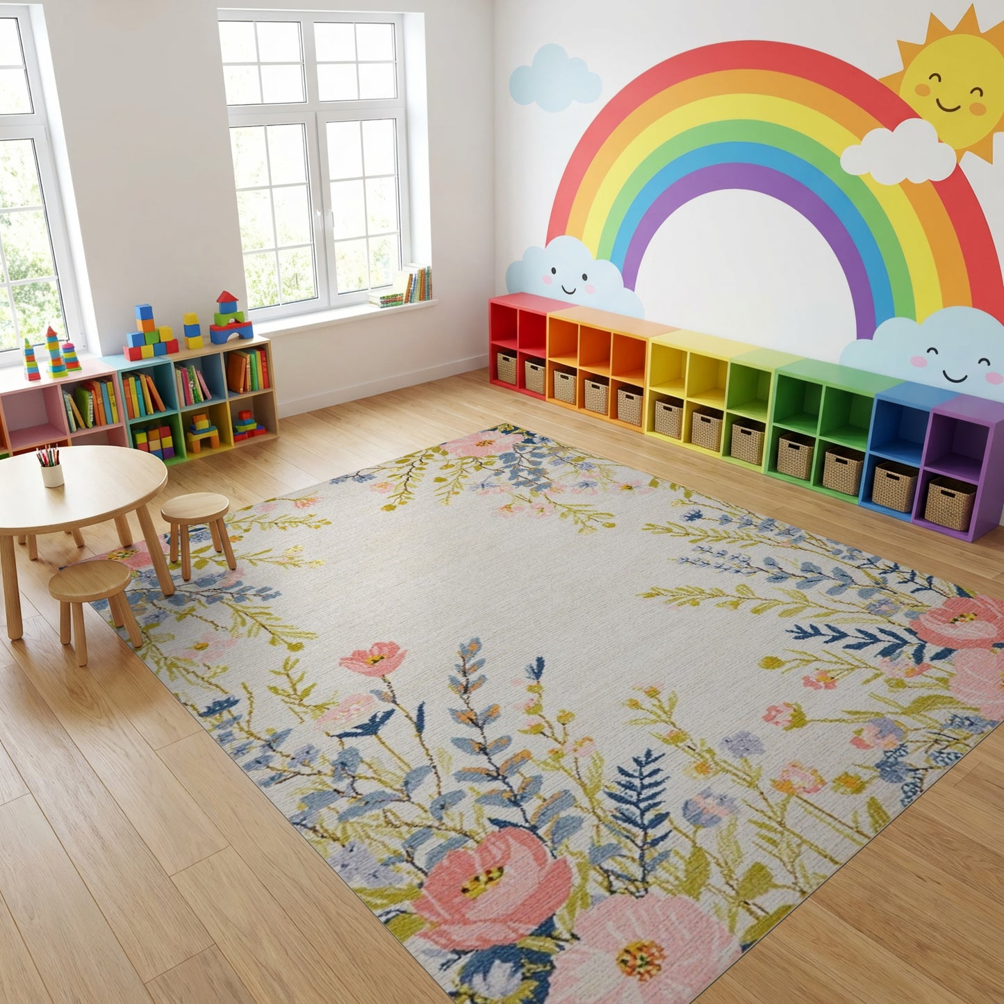 Delicate Blush Blue Floral Vine Rug