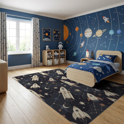 Starry Navy Rockets Crescent Moons Rug