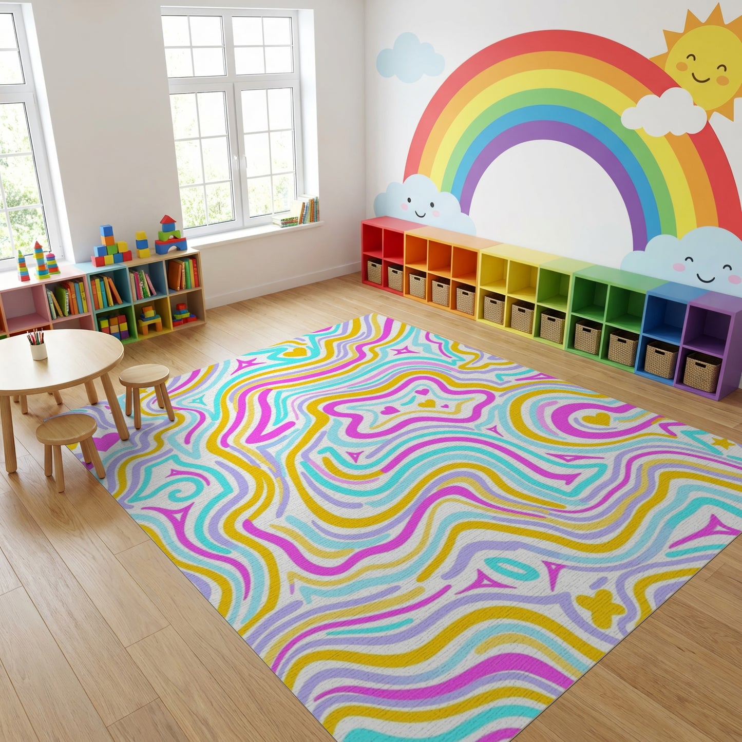 Vibrant Wavy Hearts Stars Rug