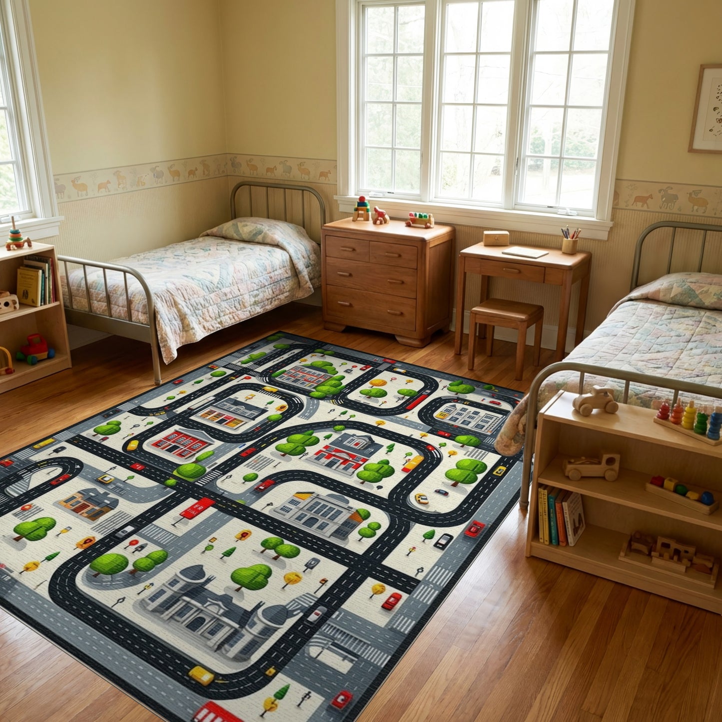 Whimsical City Roads Buildings Trees Rug