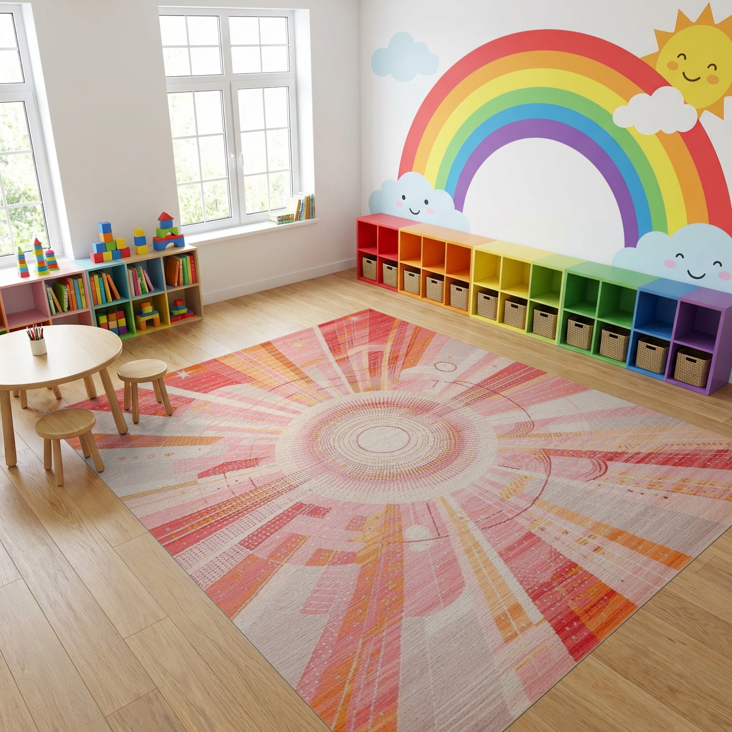 Vibrant Pink Radiant Starburst Geometric Rug