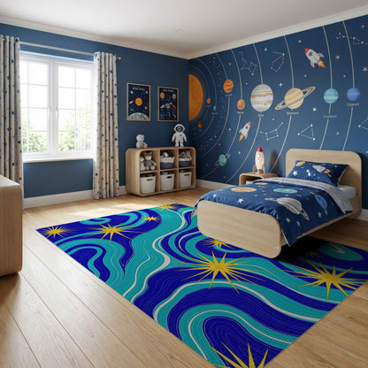 Navy Teal Wavy Yellow Stars Rug