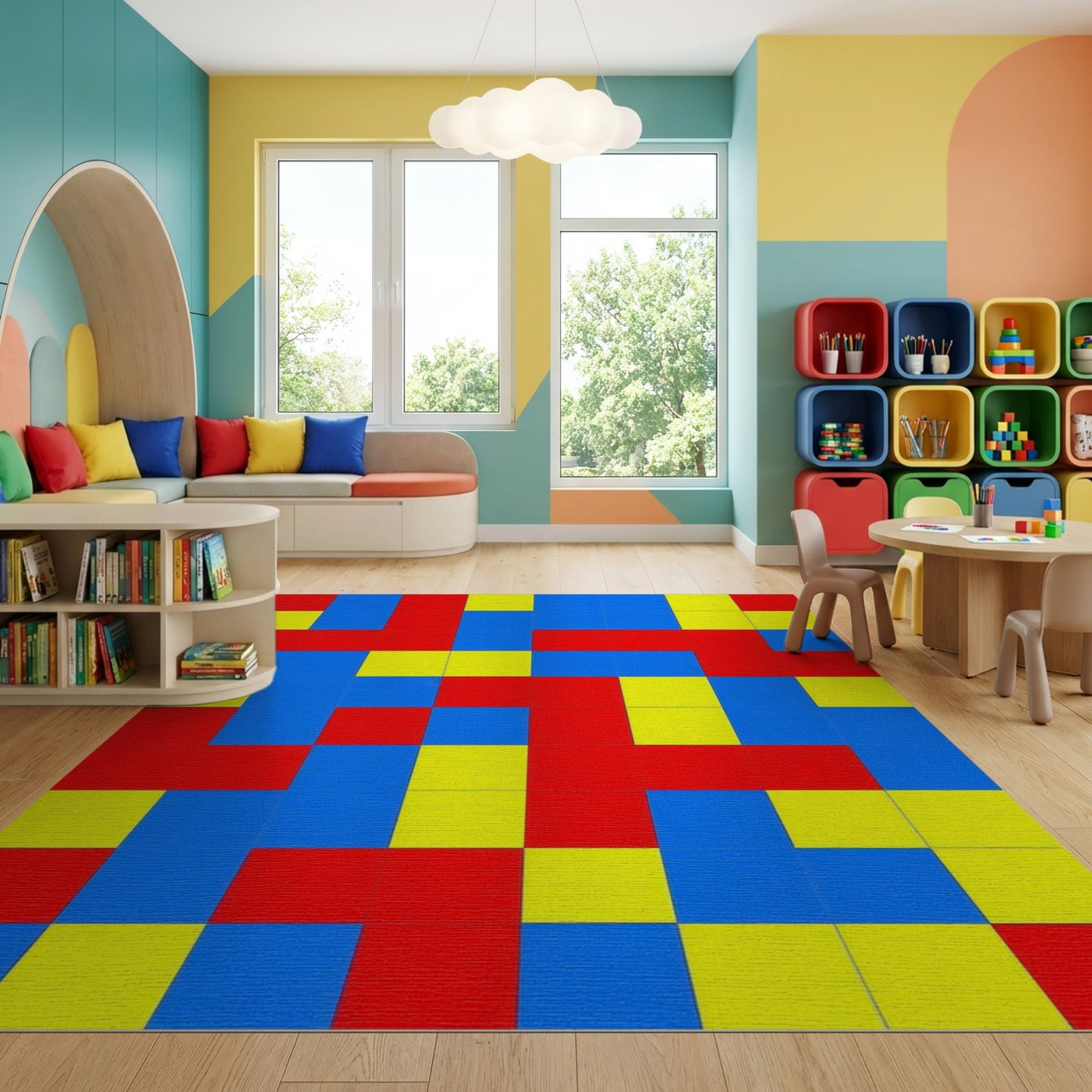 Bold Red Blue Yellow Block Rug