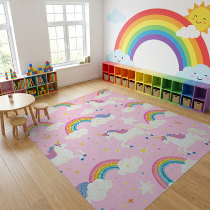 Whimsical Pink Unicorn Rainbow Stars Rug