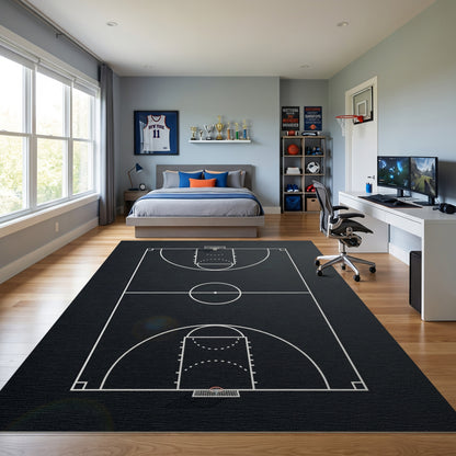 Black and White Basketball Court Lines Rug