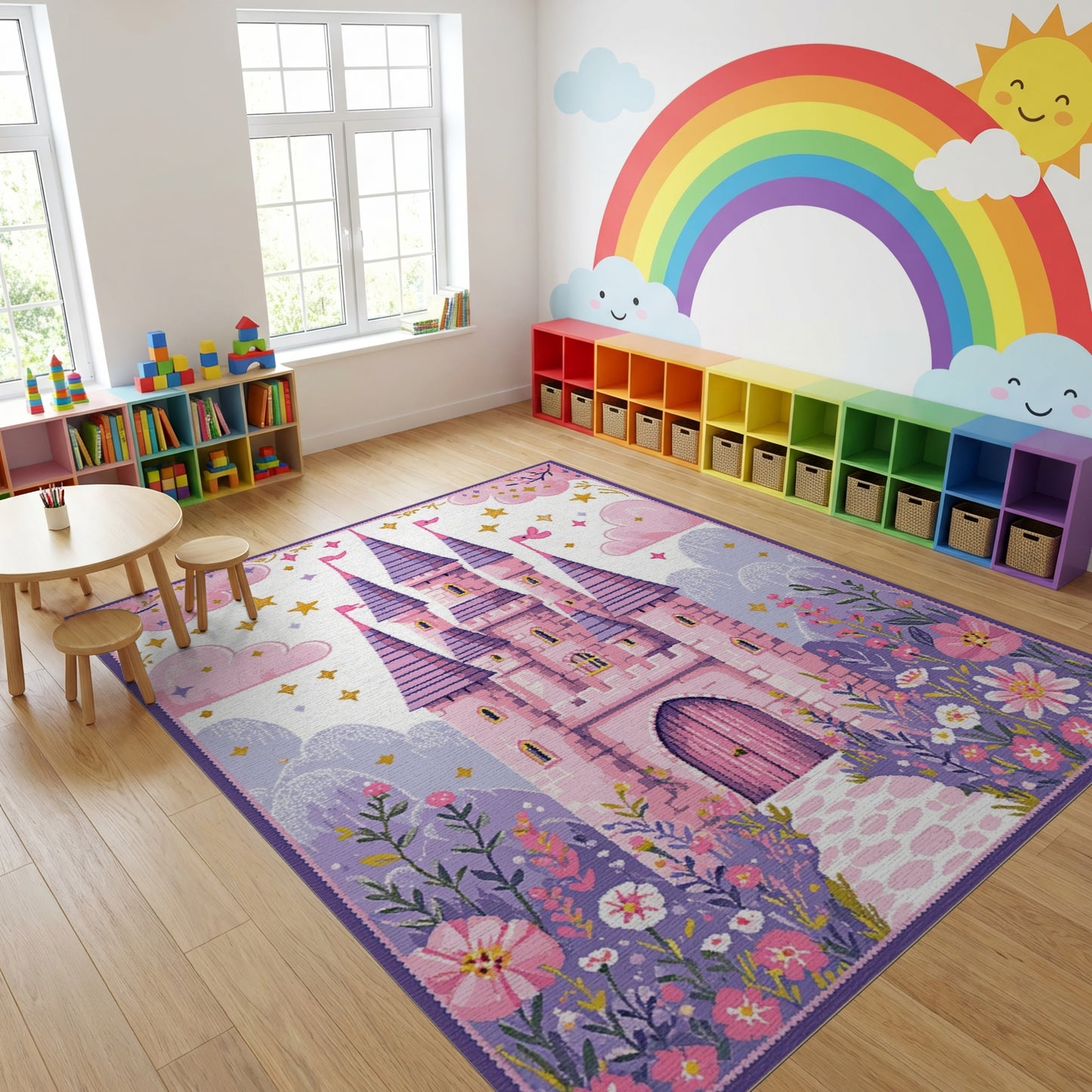 Whimsical Pink Purple Castle Floral Rug