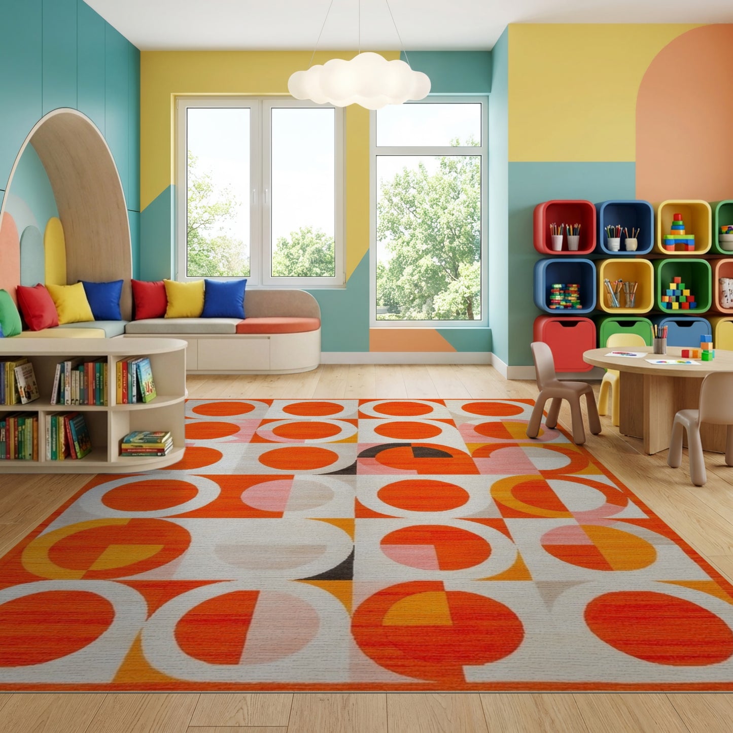 Vibrant Orange Pink Circles Geometric Rug