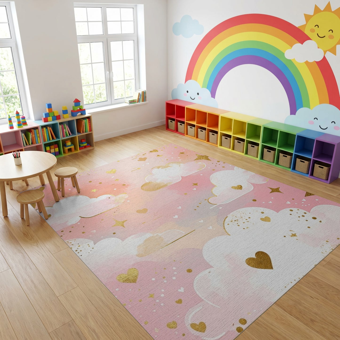 Whimsical Pink Clouds Hearts Stars Rug