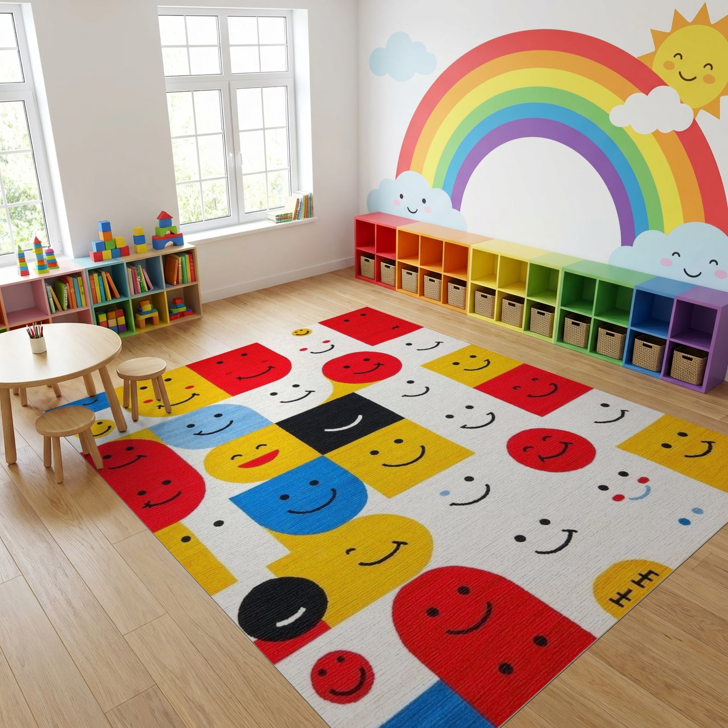 Playful Geometric Smiling Faces Rug