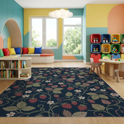 Navy Strawberry Vine Leaf Whimsical Rug