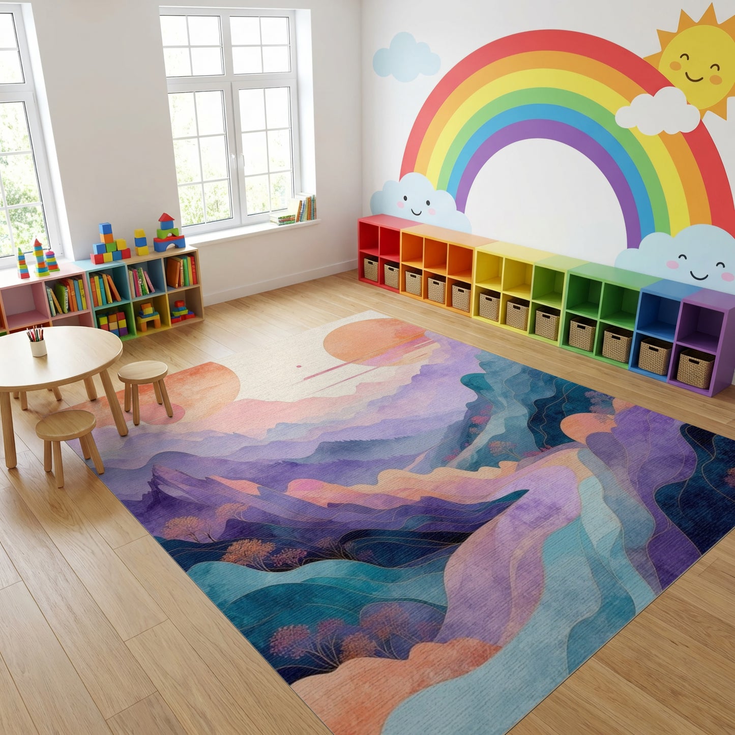 Dreamy Pastel Mountains Orange Suns Rug