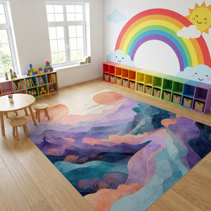 Dreamy Pastel Mountains Orange Suns Rug