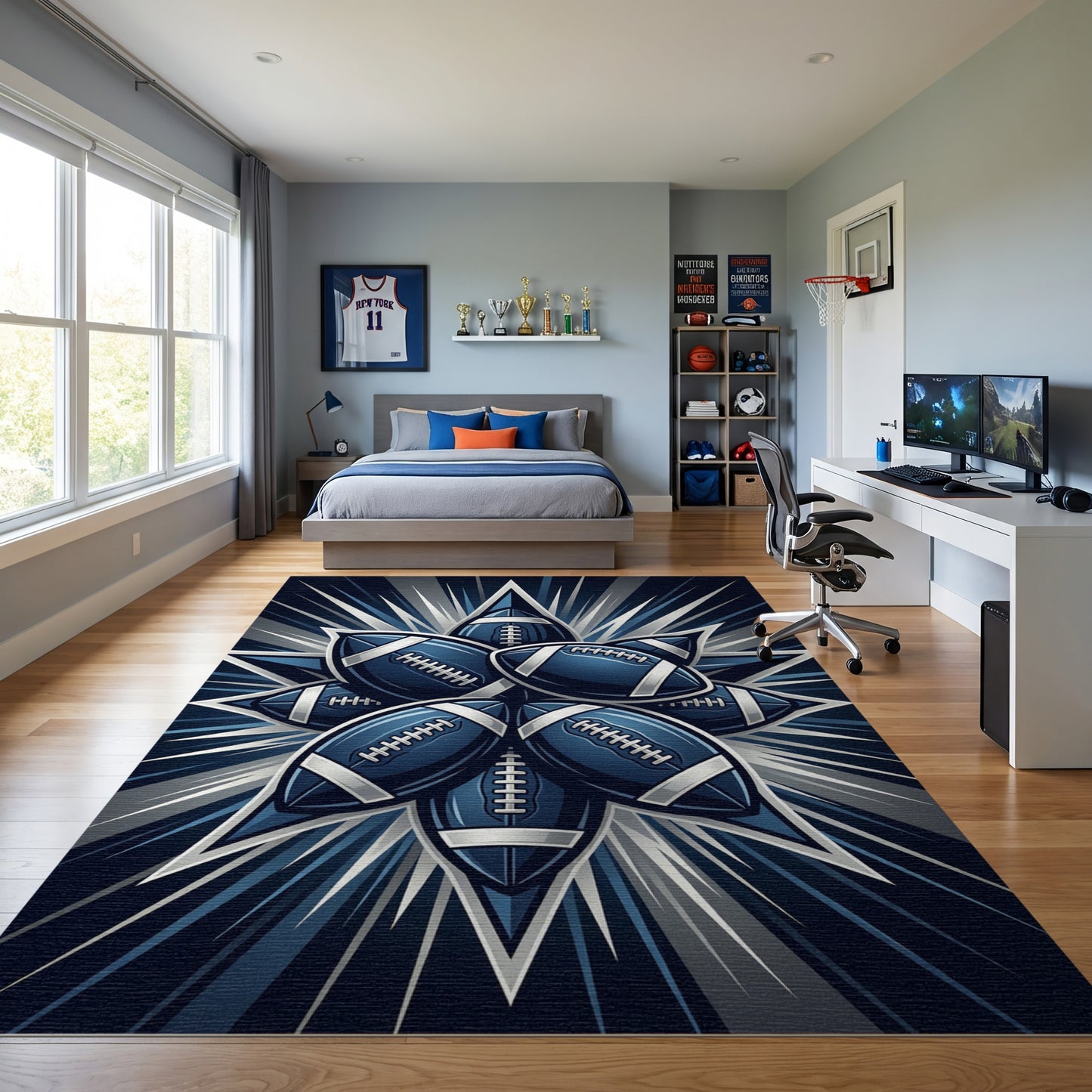 Dynamic Navy Football Starburst Rug