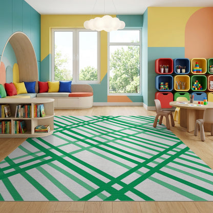 Modern Green White Diagonal Stripes Rug