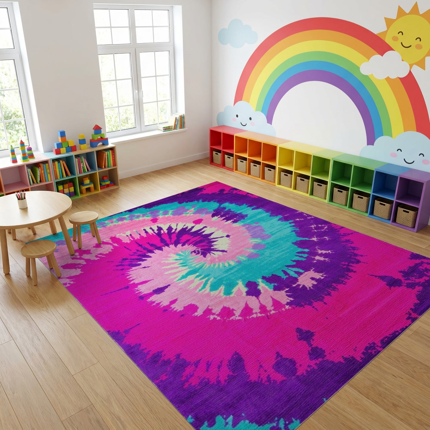 Pink Purple Teal Spiral Tie Dye Rug