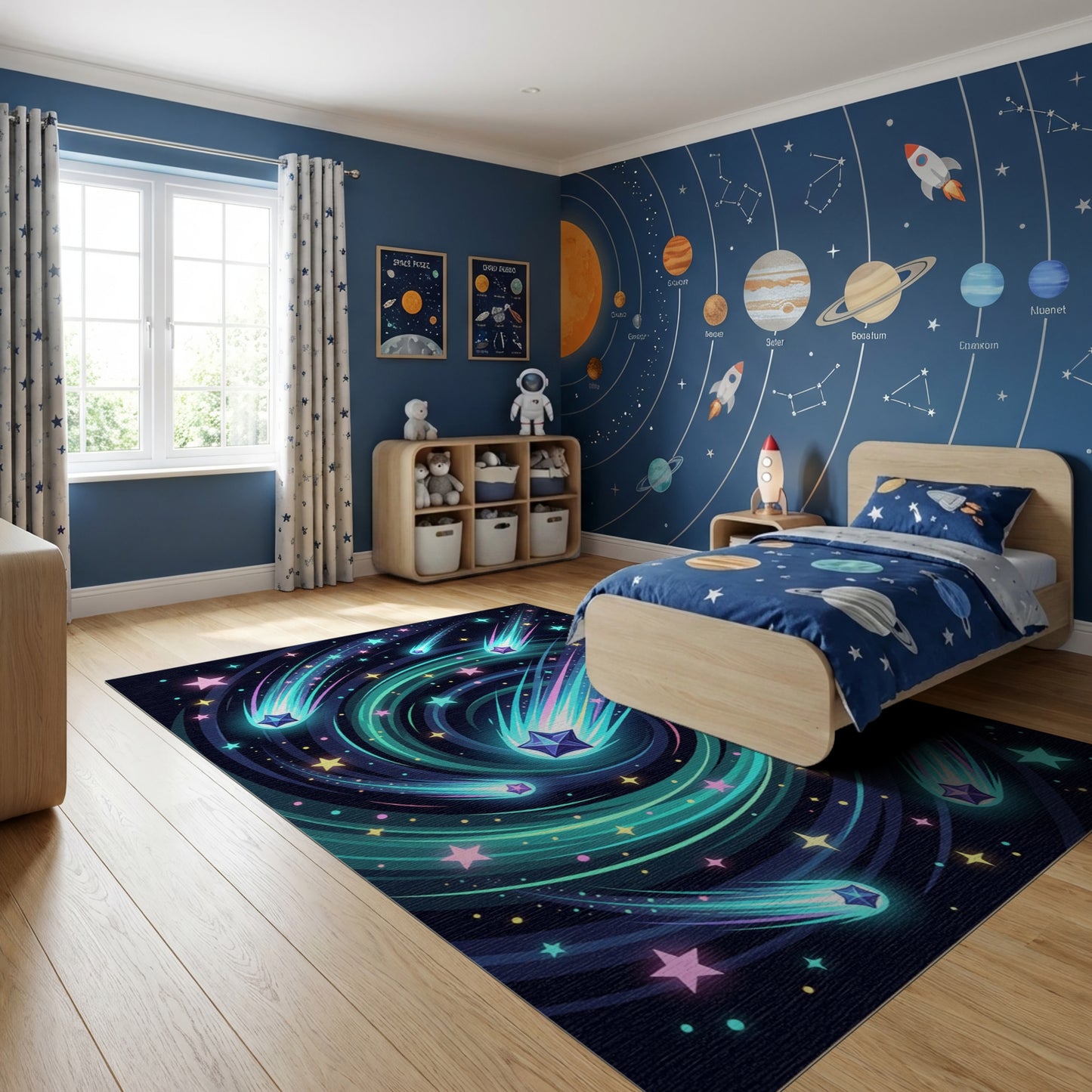Swirling Neon Shooting Stars Galaxy Rug