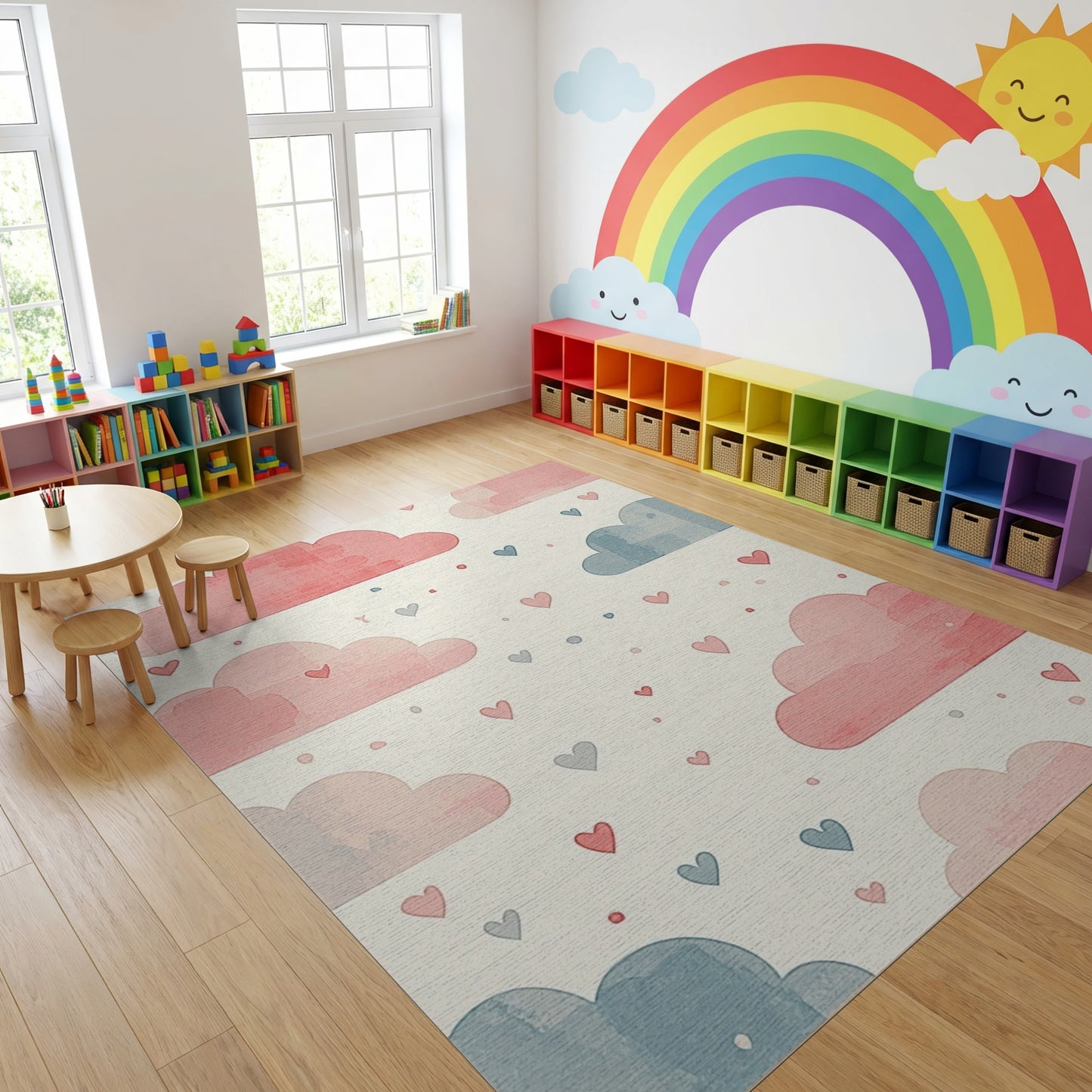 Pink and Blue Whimsical Clouds Hearts Rug