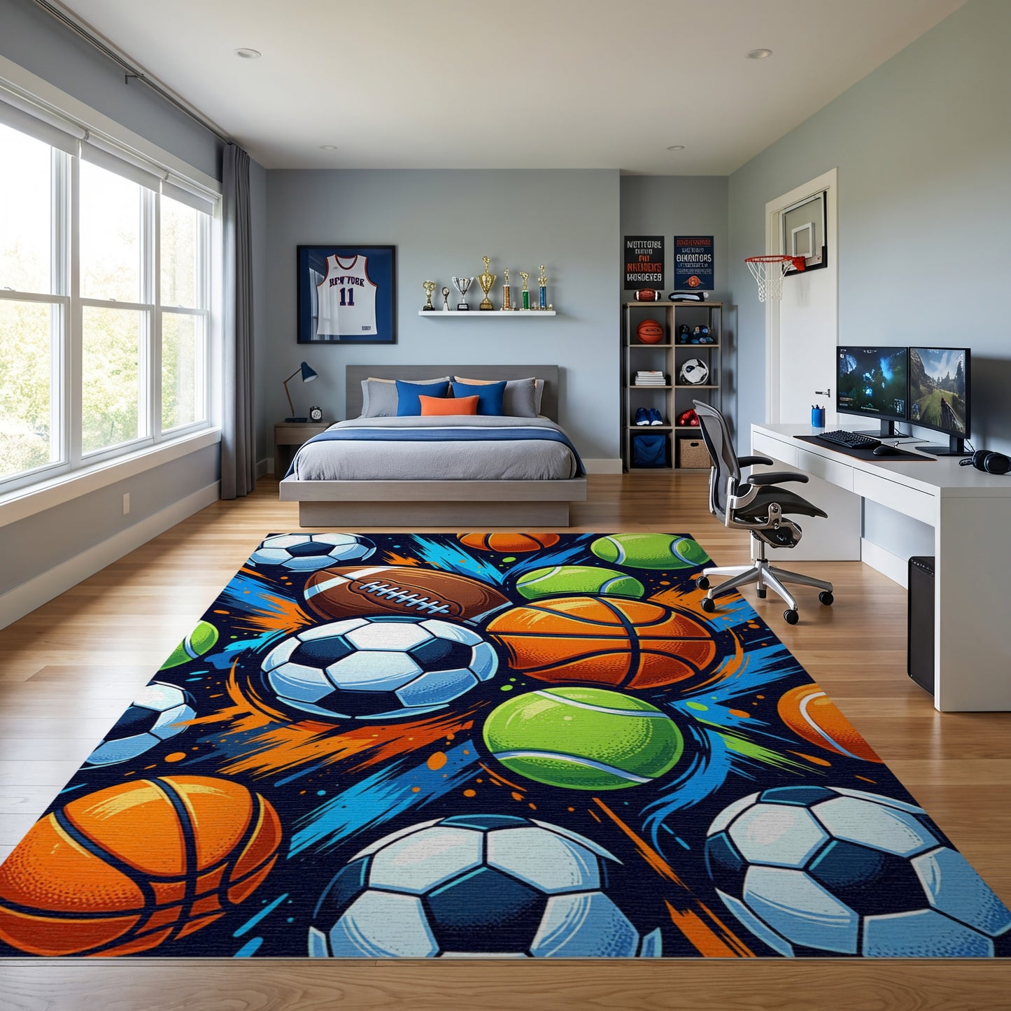 Vibrant Sports Balls Dynamic Splash Rug