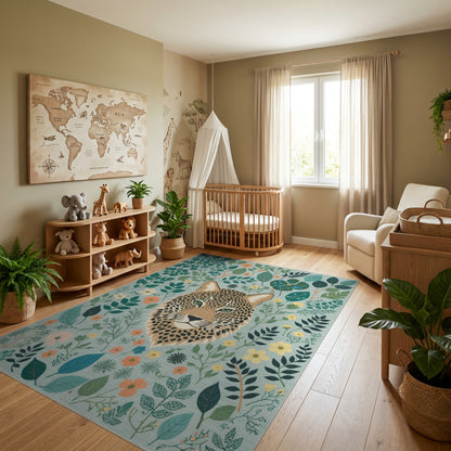 Vibrant Leopard Green Foliage Floral Rug