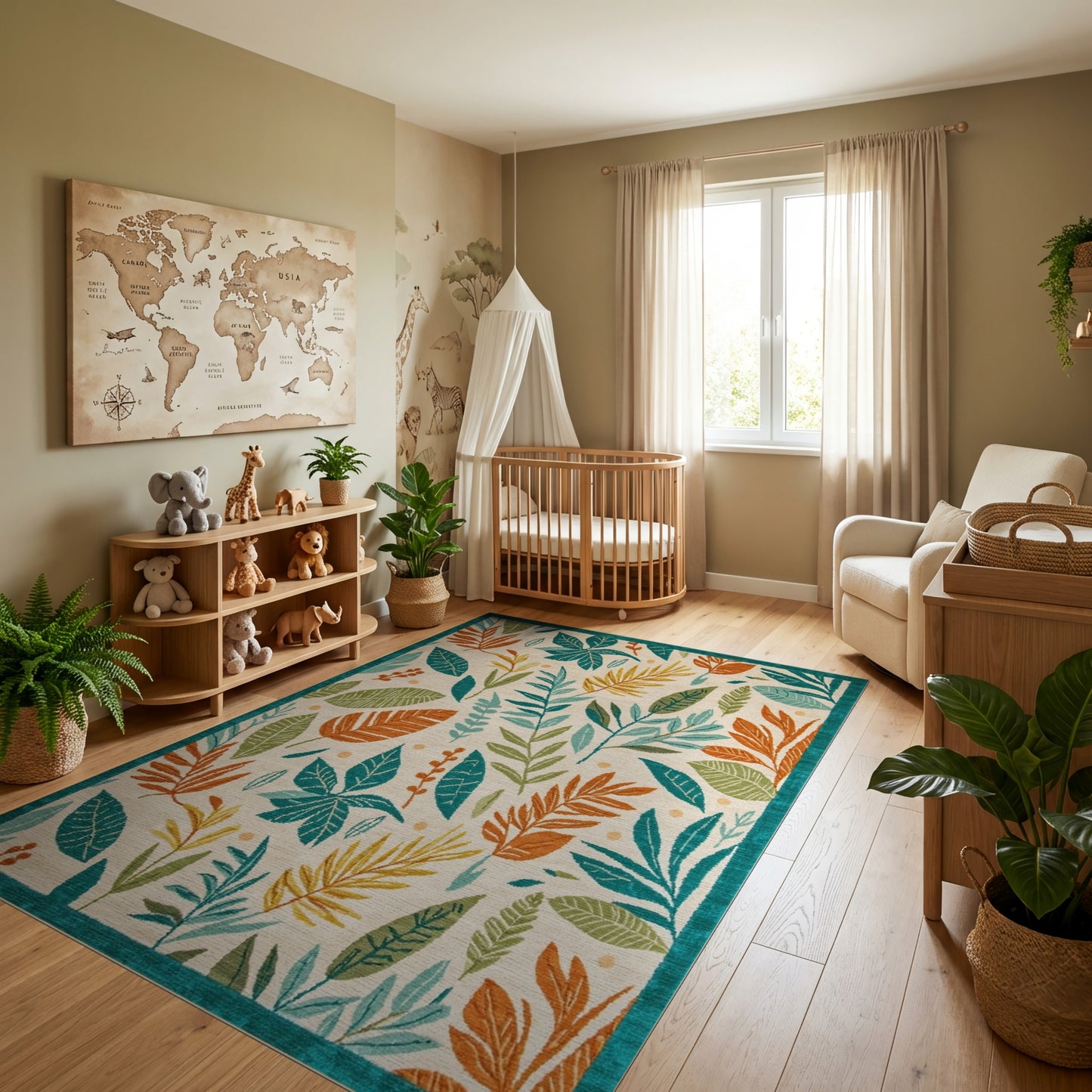 Vibrant Teal and Orange Leaf Rug