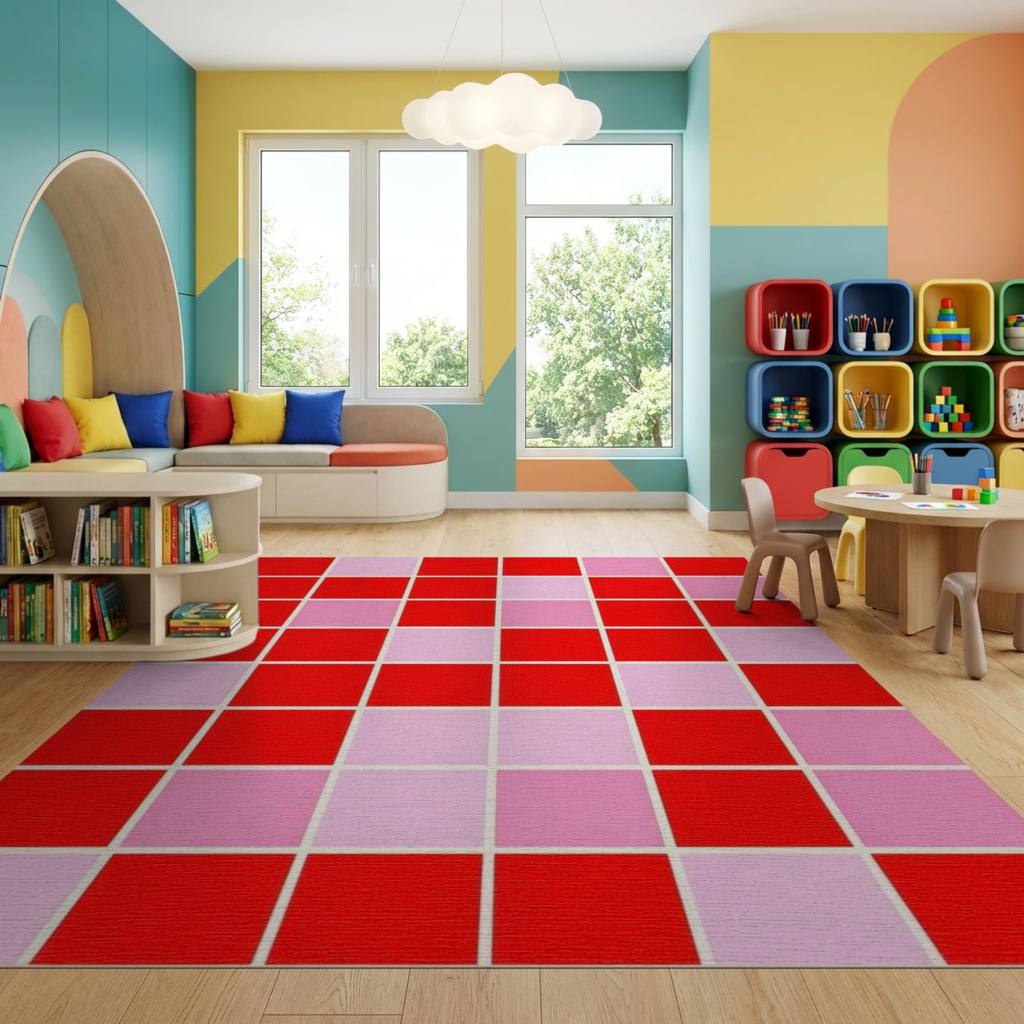 Bold Pixelated Pink Heart Red Rug