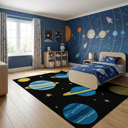Whimsical Blue Yellow Planets Stars Rug