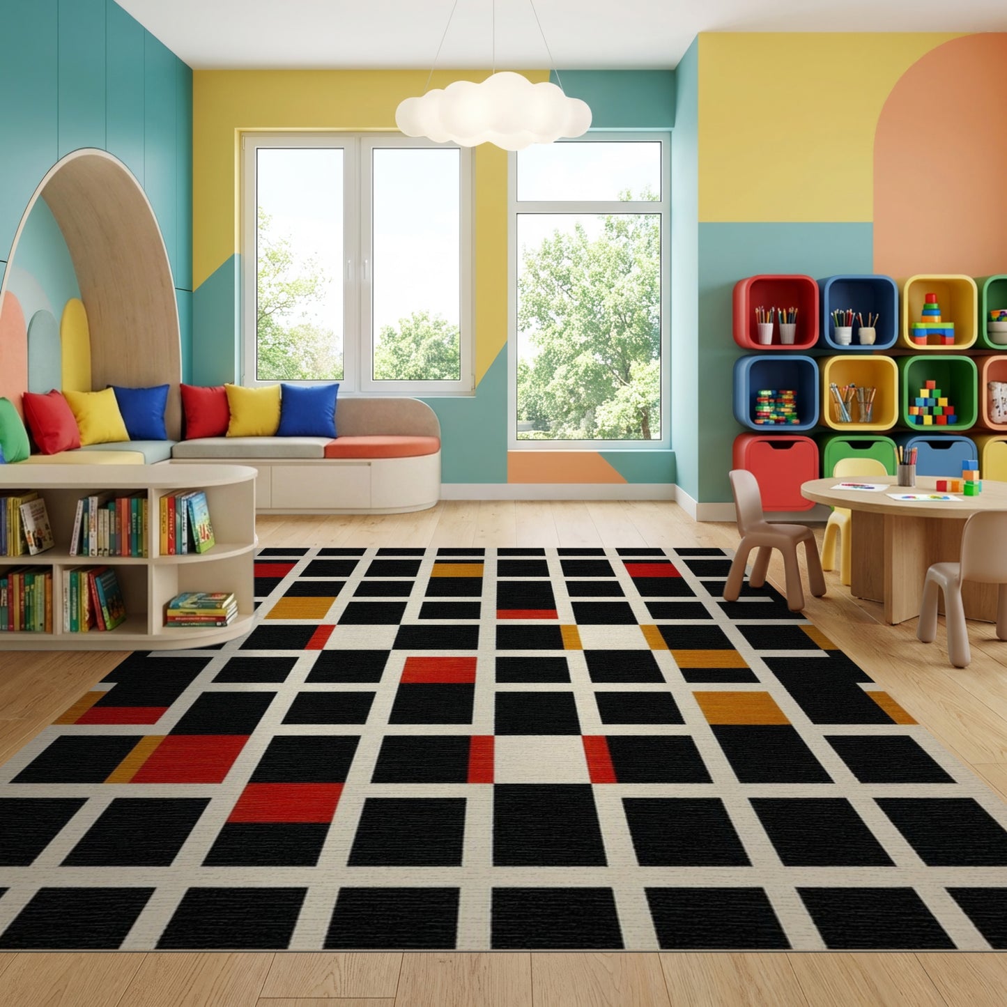 Geometric Black Red Gold Grid Rug