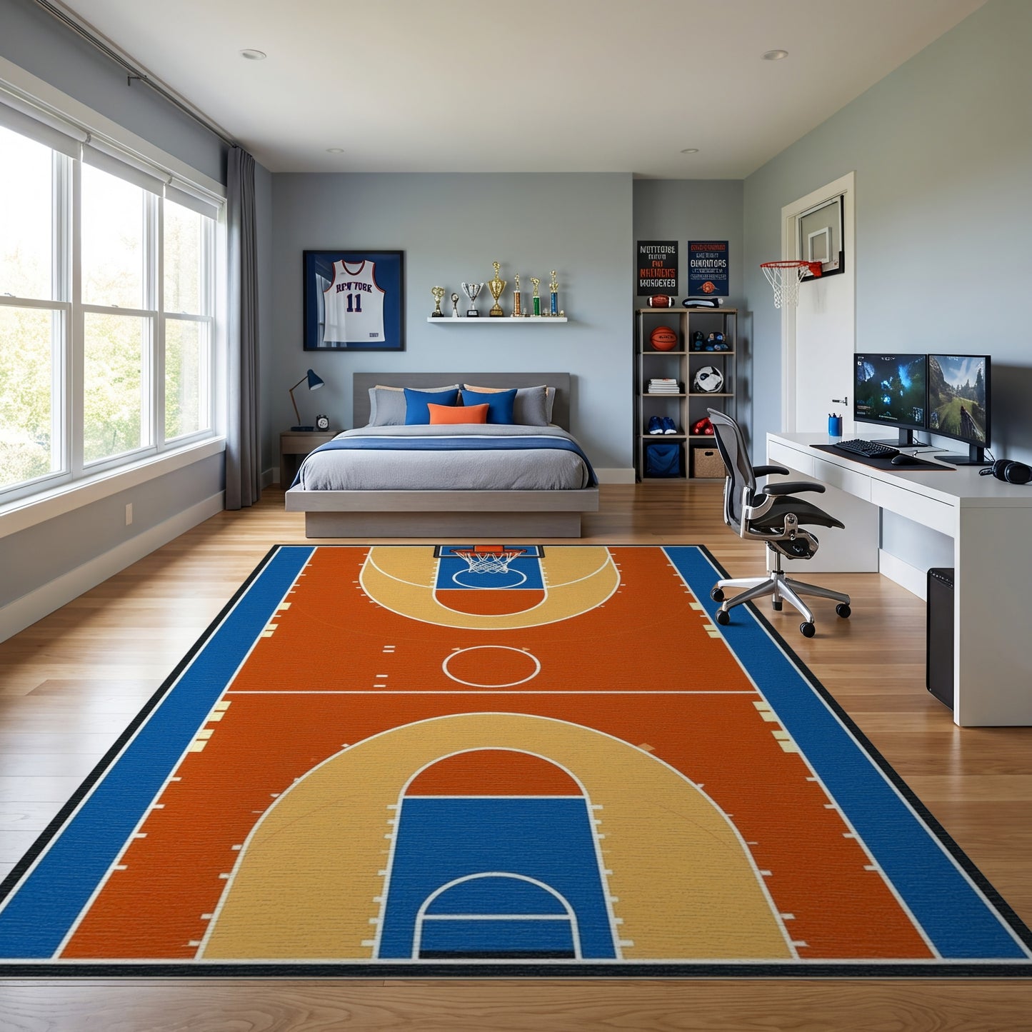 Blue and Orange Basketball Court Rug