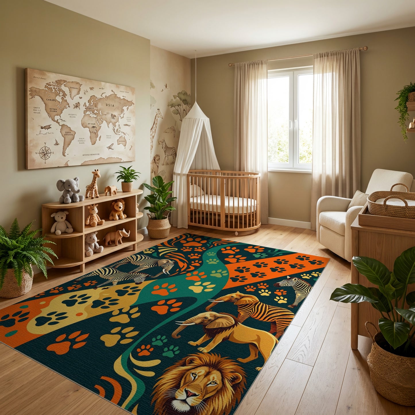 Vibrant Paw Prints Zebras Elephants Lion Rug