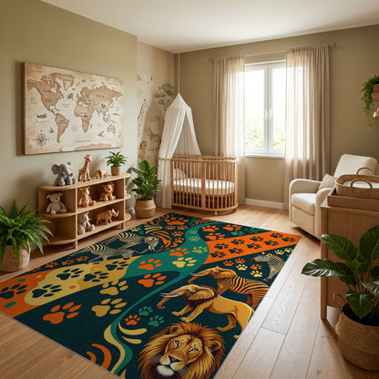 Vibrant Paw Prints Zebras Elephants Lion Rug