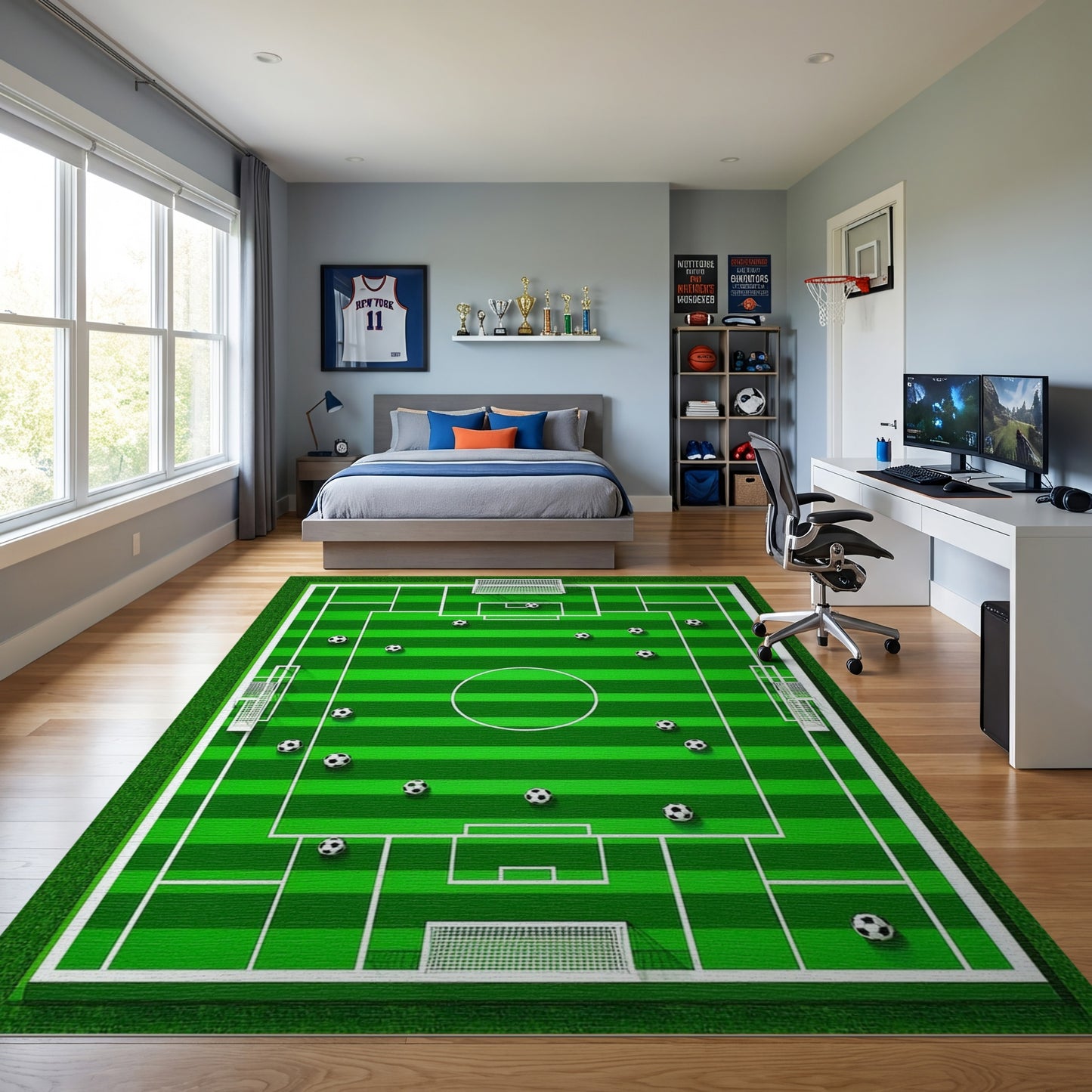 Striped Green Soccer Field Balls Rug