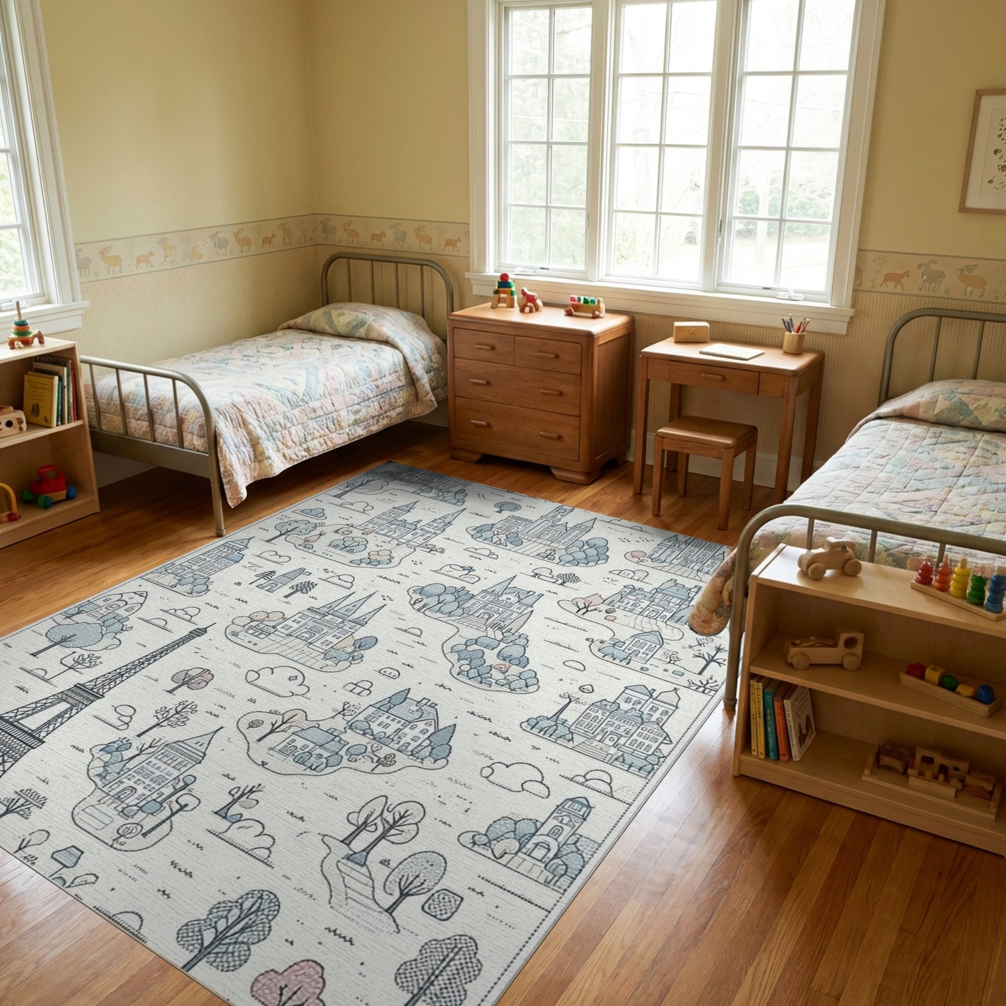 Whimsical Blue Eiffel Tower Castles Rug