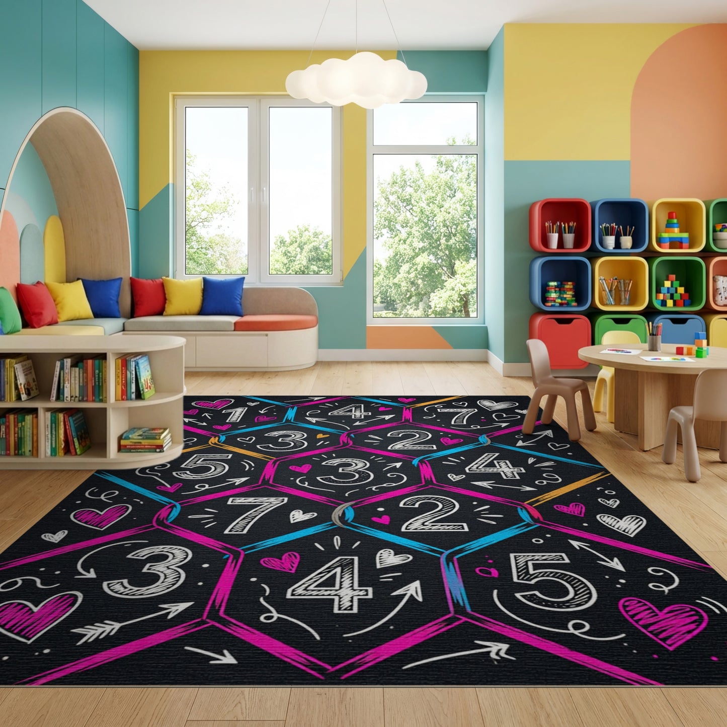 Vibrant Hexagonal Numbers Hearts Arrows Rug