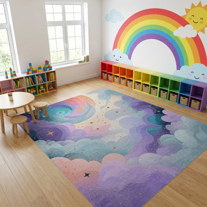 Purple Teal Swirling Stars Clouds Rug