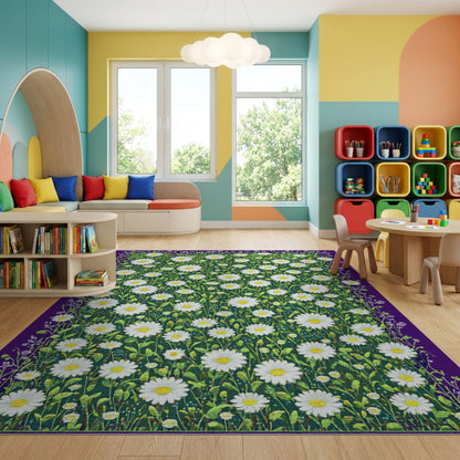 Lush White Daisies Green Meadow Purple Rug